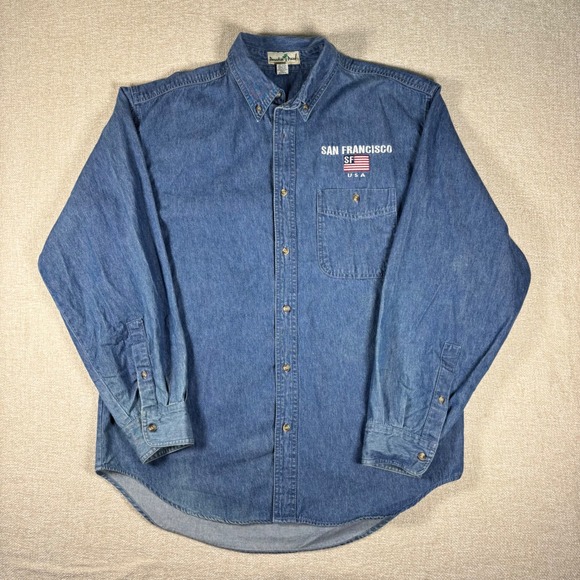 Paradise Point Other - Denim Shirt Mens Large Blue Long Sleeve San Francisco USA Embroidery 90s Relaxed